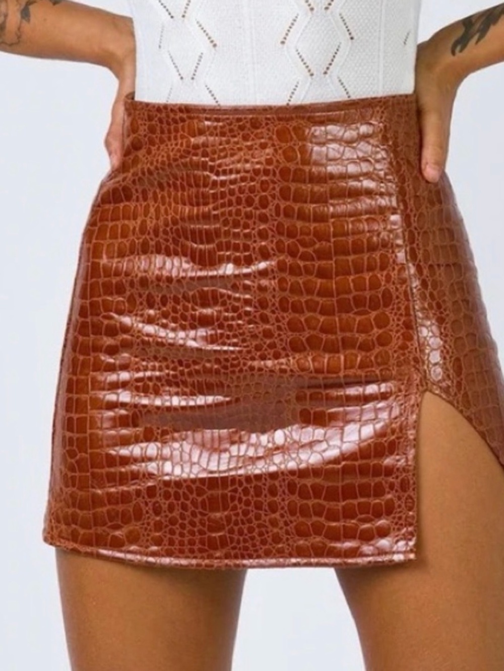 Motel Rocks Faux Croc High-Waist Mini Skirt in Chestnut Brown